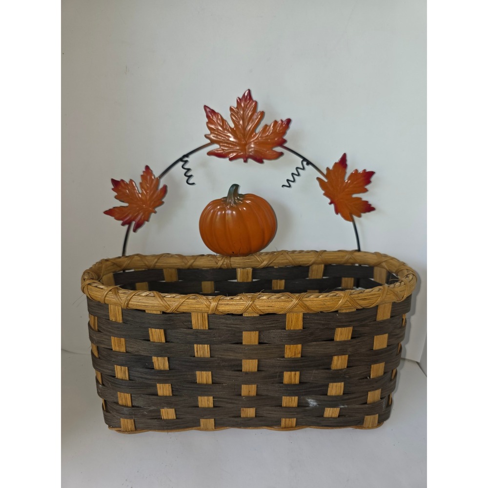 Vintage 1990s Harvest Basket Woven Wicker Pumpkin Maple Leaf Metal Handle Decor